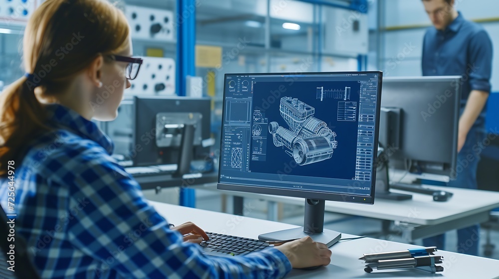 Fototapete Generative AI : Engineer Working on Desktop Computer, Screen Showing CAD Software with Engine 3D Model