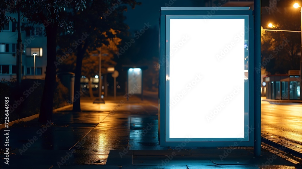 Poster generative ai : blank white mock up of vertical light box in a bus stop at night