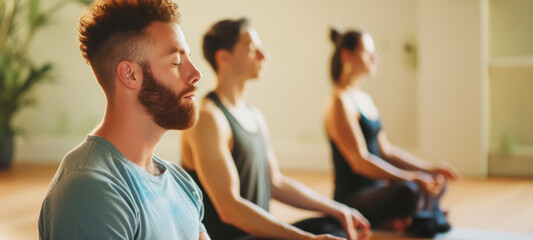 Group meditation at seated cross-legged meditation practice during workout yoga session at sports club, breath exercise, closed eyes - obrazy, fototapety, plakaty