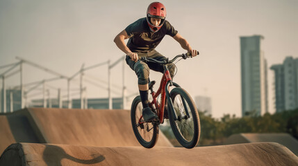 Teenage bmx BMX rider in action at skatepark