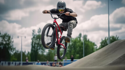 Obraz premium Teenage bmx BMX rider in action at skatepark