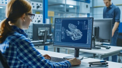 Fototapeta na wymiar Generative AI : Engineer Working on Desktop Computer, Screen Showing CAD Software with Engine 3D Model