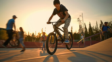 Teenage bmx BMX rider in action at skatepark