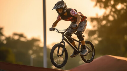 Teenage bmx BMX rider in action at skatepark