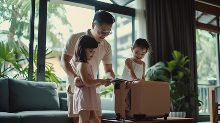 Generative AI : Millennial Asian happy family father mother and little girl daughter wearing casual summer travel 