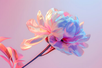 Glowing holographic peon flower petals in magical hues. Iridescent peony rose in dreamlike ambience with reflective metallic glow. Big luminous peony flower sparkling glow, pastel gradient colors