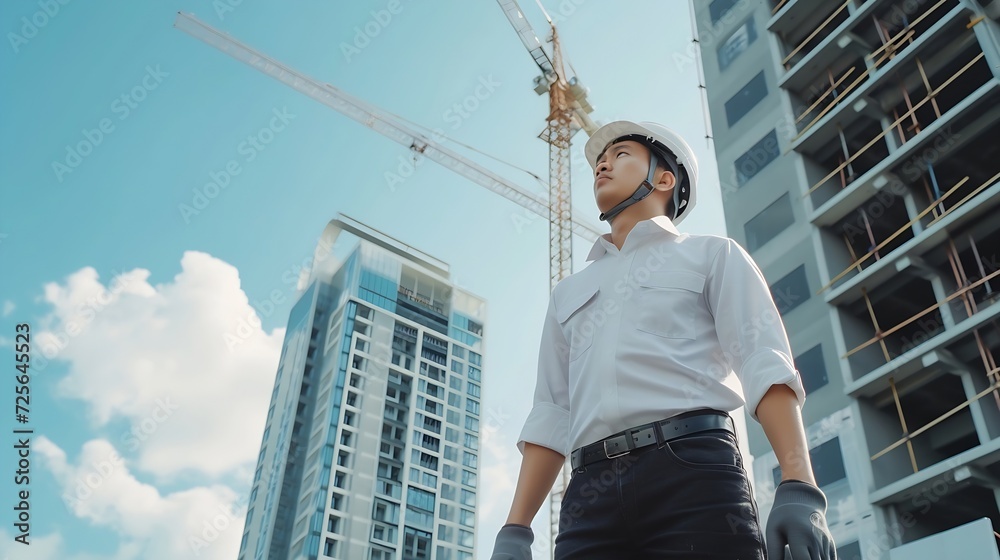 Poster generative ai : asian engineer handsome man or architect looking forward with white safety helmet in
