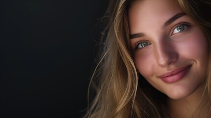 Obraz premium Generative AI : Portrait of beautiful naturally brunette woman, smiling and looking in camera