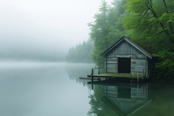 Fototapeta premium an old wooden cabin on a calm foggy lake