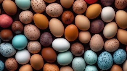 Fototapeta na wymiar Chicken eggs on different color background