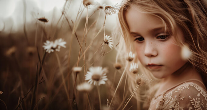 a young girl with blonde hair walks in a field of flowers