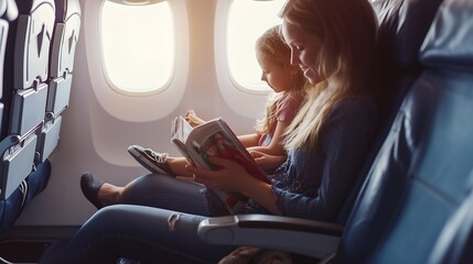Generative AI : Mother with daughter sit on their place in airplane economy class and read a...