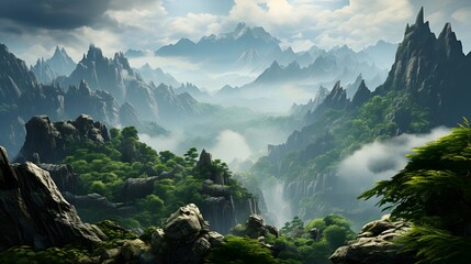 Panoramic view of the mountains in clouds. Panoramic landscape.