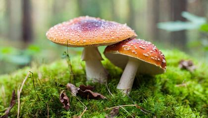 Agaric forest mushrooms on the green moss