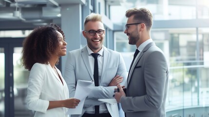 Generative AI : three businesspeople standing by window discussing business in office