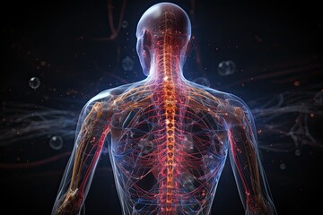 3d illustration of male human body skeleton with nerves system anatomy, human body is in neural connections. Generative AI