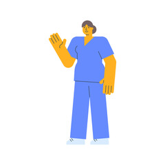 Nurse waves hand and smiles