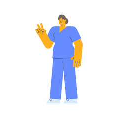 Nurse shows two fingers gesture and smiles