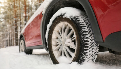 Car with winter tires covered with snow, closeup
