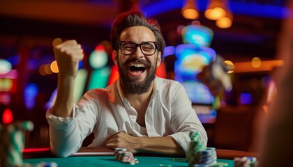 Casino win celebration. Excitement, joy, and victory at the roulette table.