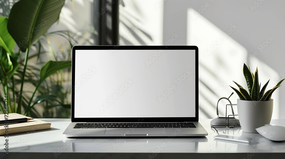 Leinwandbilder generative ai : workspace with mockup blank screen laptop computer.