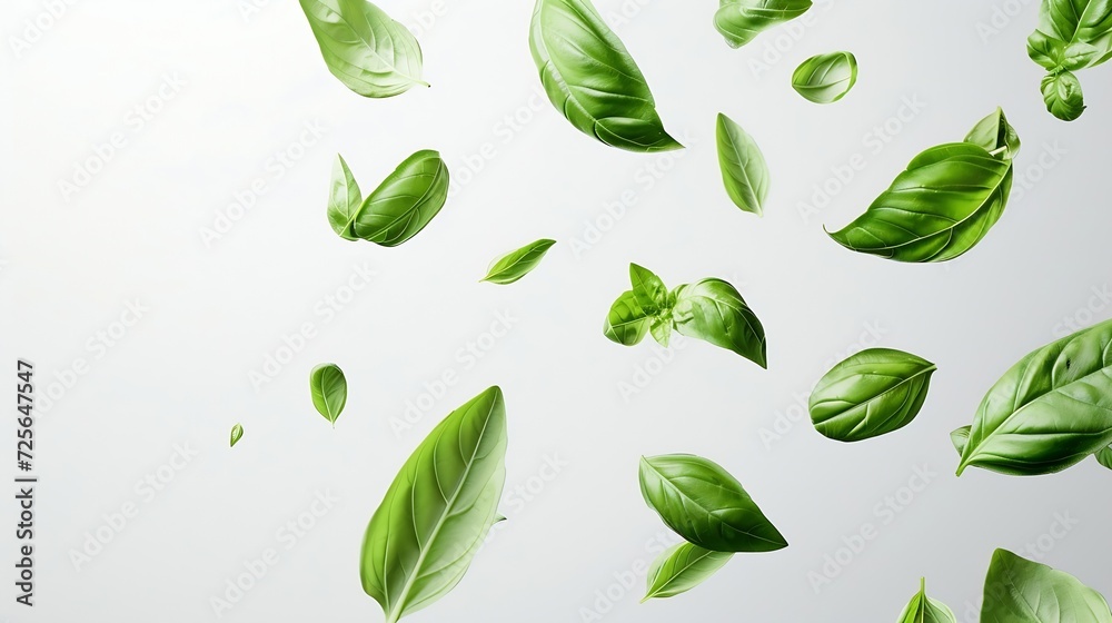 Aufkleber generative ai : green basil leaves flying on white background. fresh levitating leaves isolate