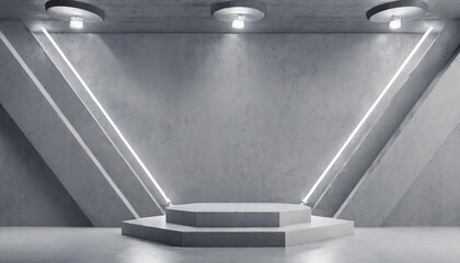 New gray concrete interior with podium and linear lamps on wall. 3D Rendering.