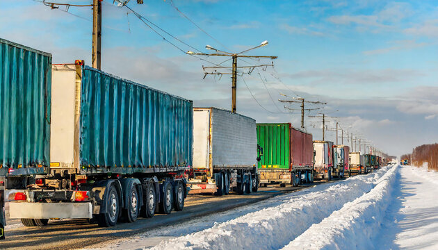 Queue of trucks at the border crossing point, winter time