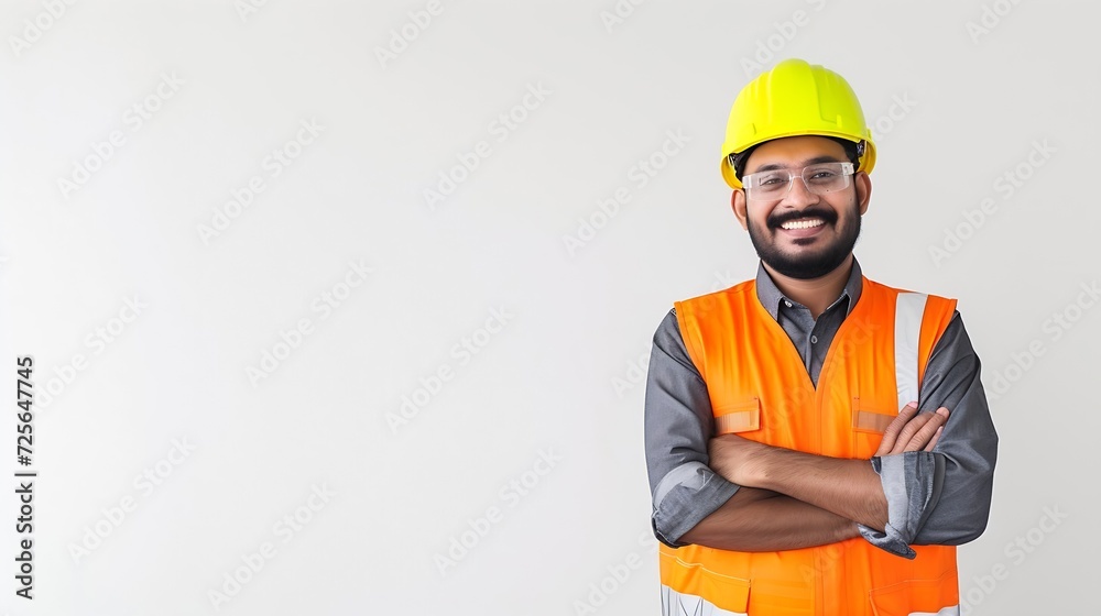 Poster generative ai : construction worker, engineer and studio portrait of happy man in vest and helmet fo