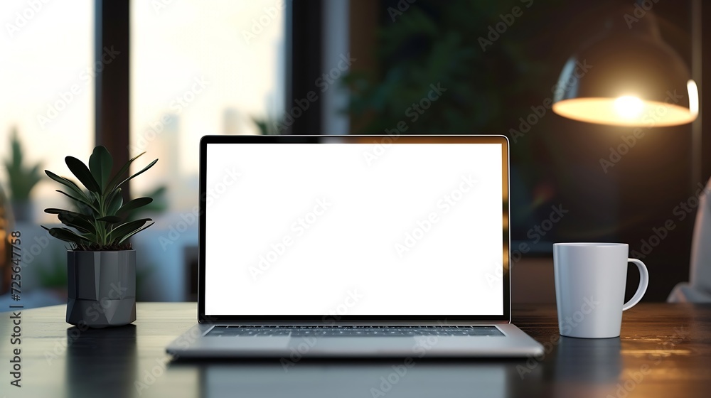 Poster Generative AI : laptop computer white blank screen on work table front view