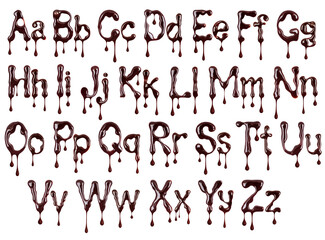 Glossy large letters of the Latin alphabet made of chocolate with dripping drops isolated on a white background