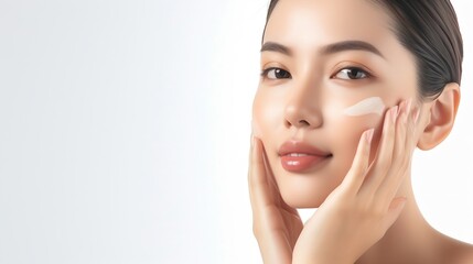 Obraz na płótnie Canvas Generative AI : Beautiful Young asian Woman touching her clean face with fresh Healthy Skin, isolated on white background, Beauty Cosmetics and Facial treatment Concept,