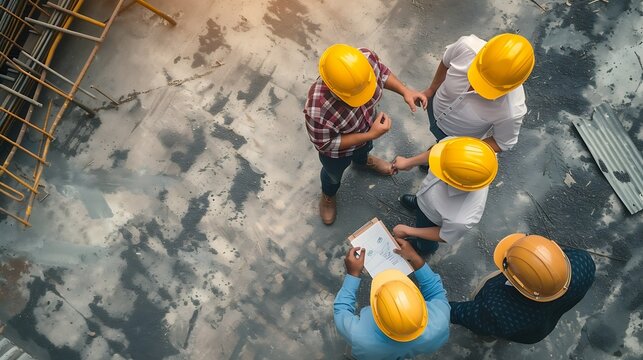 Generative AI : Civil engineer teams meeting working together wear worker helmets hardhat on construction site in modern city. 