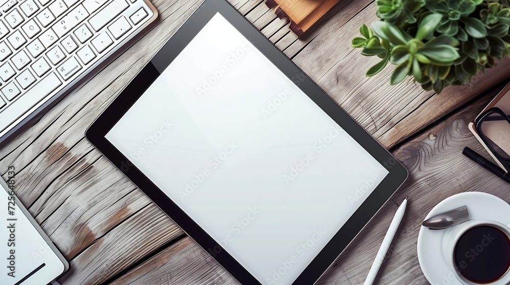 Poster generative ai : mockup tablet similar to ipad style on wood desk white display.keyboard