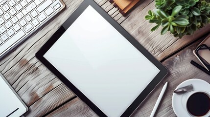 Generative AI : mockup tablet similar to ipad style on wood desk white display.keyboard
