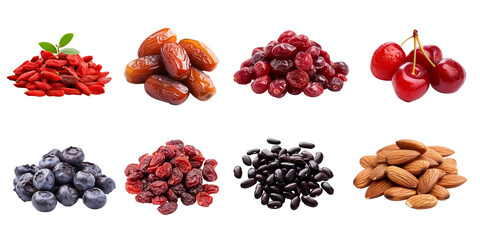 Set of dried berries and grains on a transparent background.