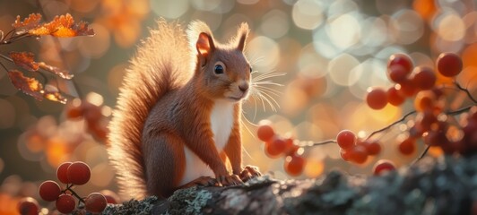 Wildlife animal photography background - Sweet crazy red squirrel (sciurus vulgaris) in the forest or park in autumn