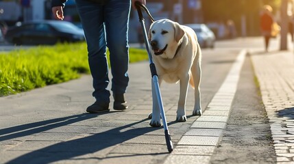 Generative AI : Blind senior man with guide dog crossing road in city - obrazy, fototapety, plakaty