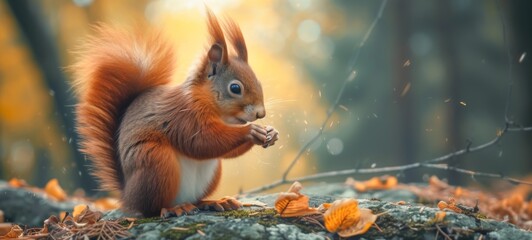 Wildlife animal photography background - Sweet crazy red squirrel (sciurus vulgaris) in the forest or park in autumn - obrazy, fototapety, plakaty