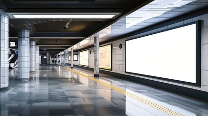 Generative AI : Indoor outdoor city light mall shop template. Blank billboard mock up in a subway station, underground interior.  - Powered by Adobe