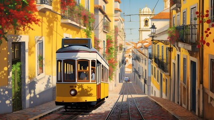 Lisbon, Portugal - Yellow tran on a street with colorful houses and flowers on the balconies - Bica Elevator going down the hill of Chiado.