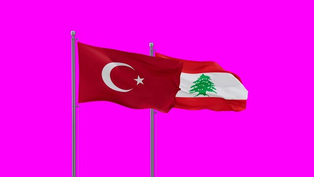 Lebanon flag and Turkey flag waving with colored chroma key for easy background remove, endless seamless loop, two country relations concept