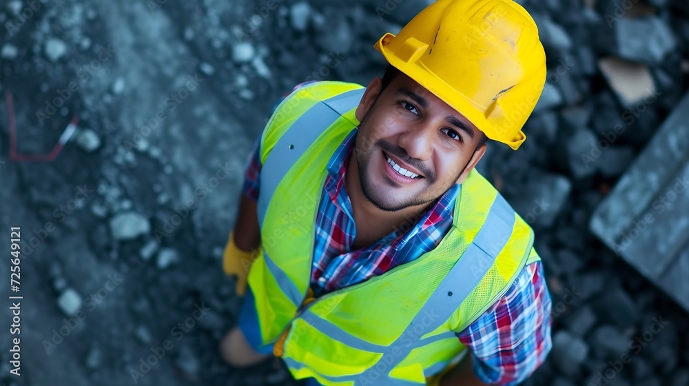 Poster generative ai : civil engineer hispanic smiling with constuction backgrounds, use for banner cover.