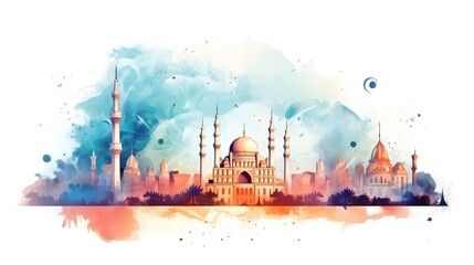 Ramadan Kareem greeting card with mosque in watercolor style. Vector illustration.
