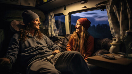Couple sitting in camper van at night. They are looking at each other and smiling