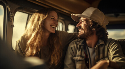 Young couple on a road trip traveling by car. They are smiling and looking at each other .