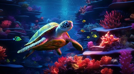 Elegantly serene movement of a majestic turtle in a captivating and vibrant underwater world, banner