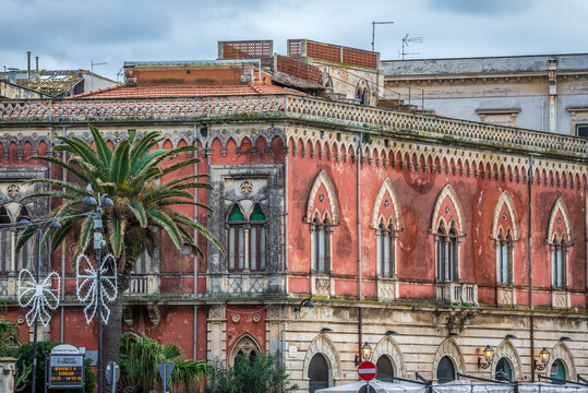 Syracuse, Italy - December 14, 2016: Building at Pancali Square (Piazza Pancali) on Ortygia island, old part of Syracuse city, Sicily