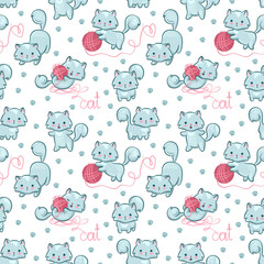 Seamless pattern with a cute kitten and a skein of yarn.