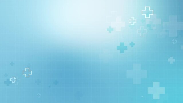 Geometric medical symbols of crosses on an animated background in blue tones. Scientific looped abstract motion graphics.